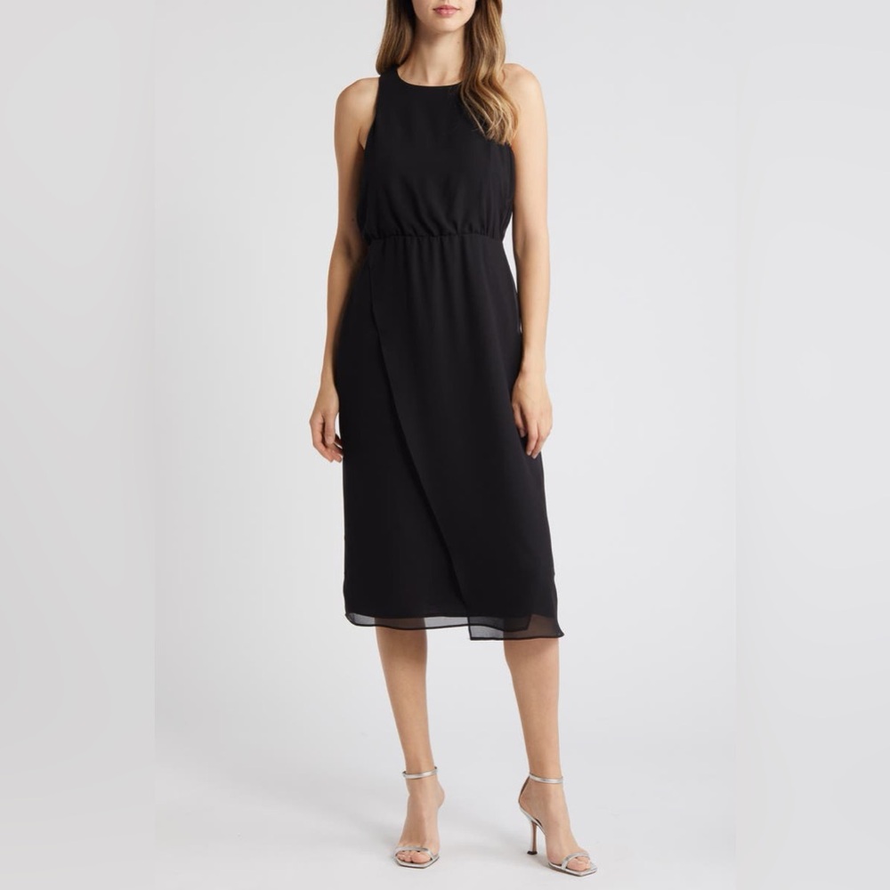 Sam Edelman Black Sleeveless Midi Dress with Wrap-Front Skirt